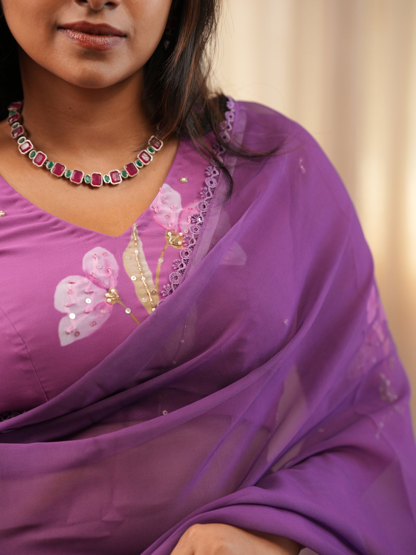 Purple Faux Georgette with hand work