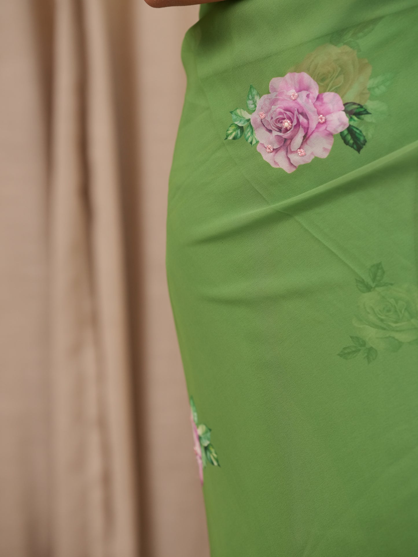 Green Faux Georgette with hand work