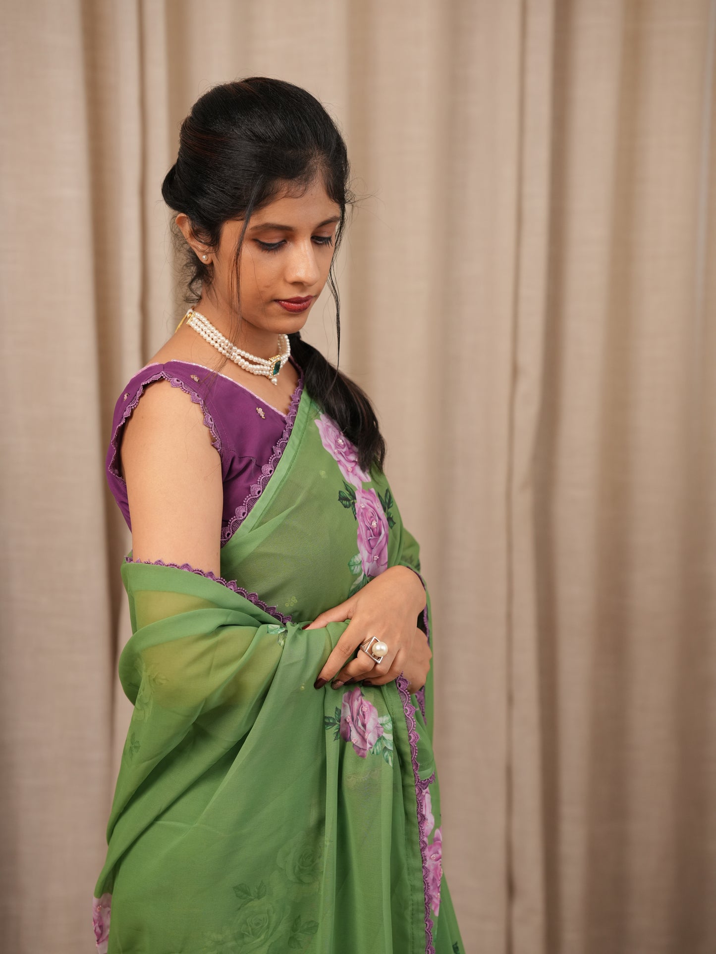 Green Faux Georgette with hand work