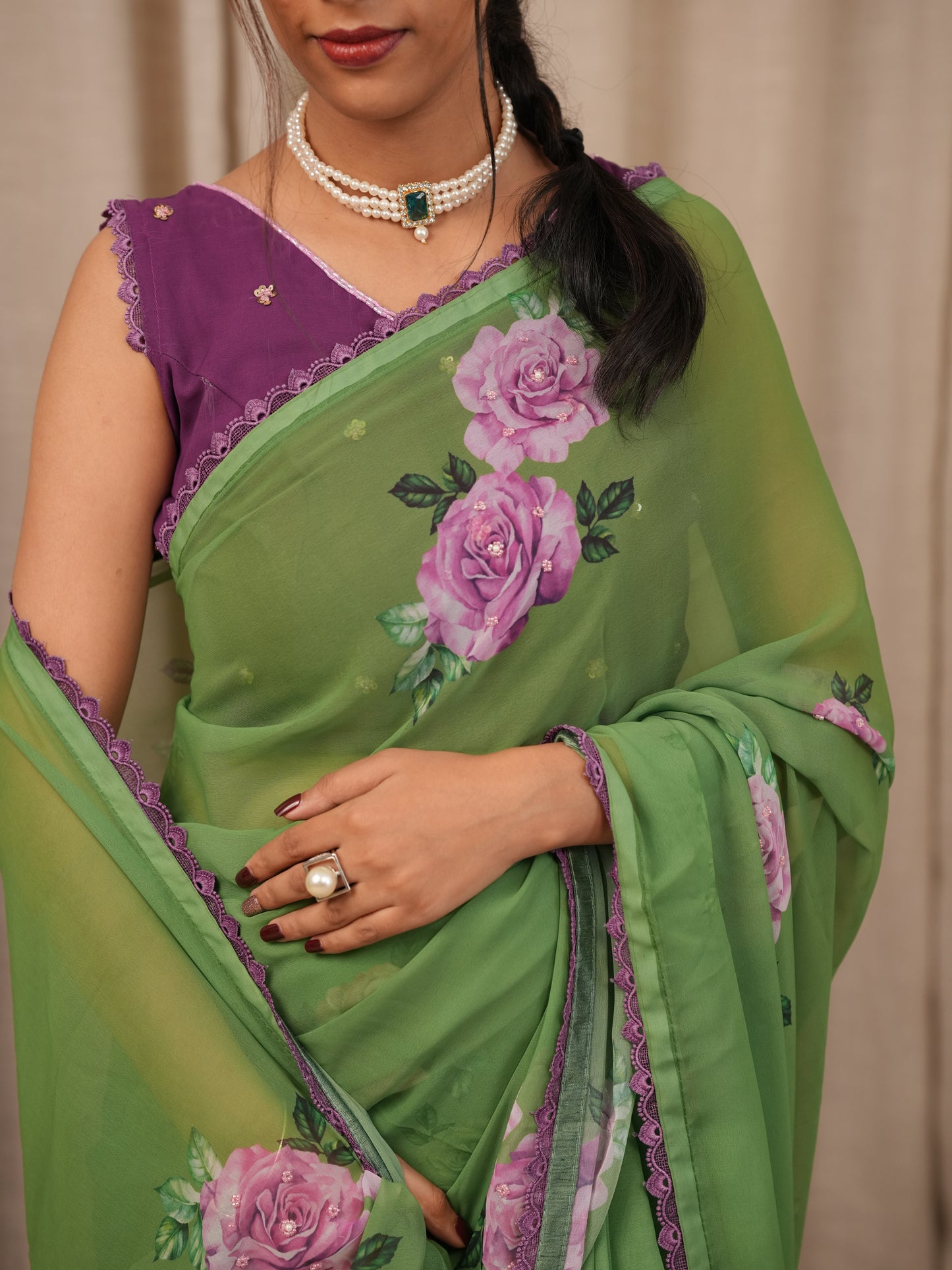 Green Faux Georgette with hand work