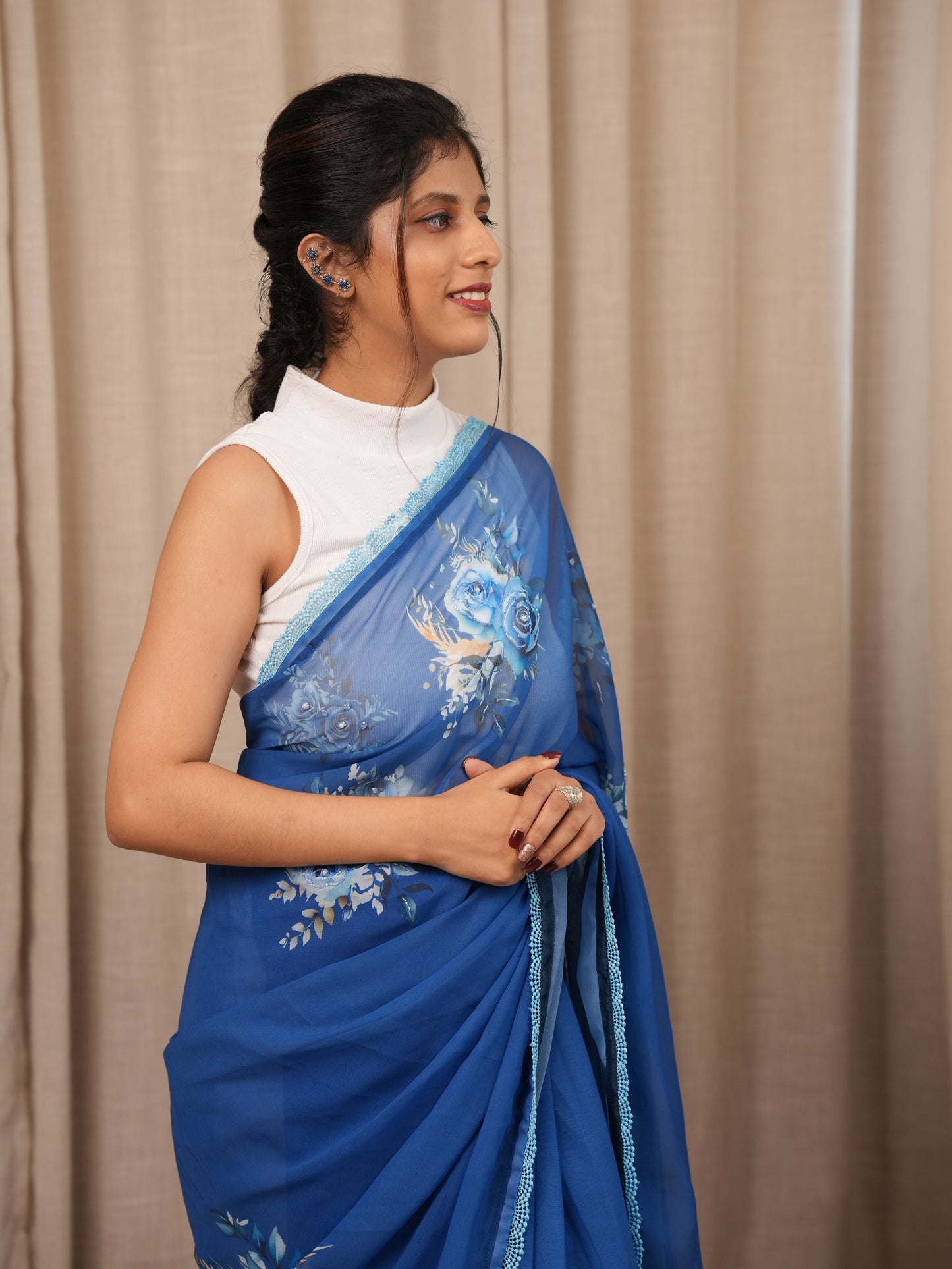 Blue White Faux Georgette with hand work