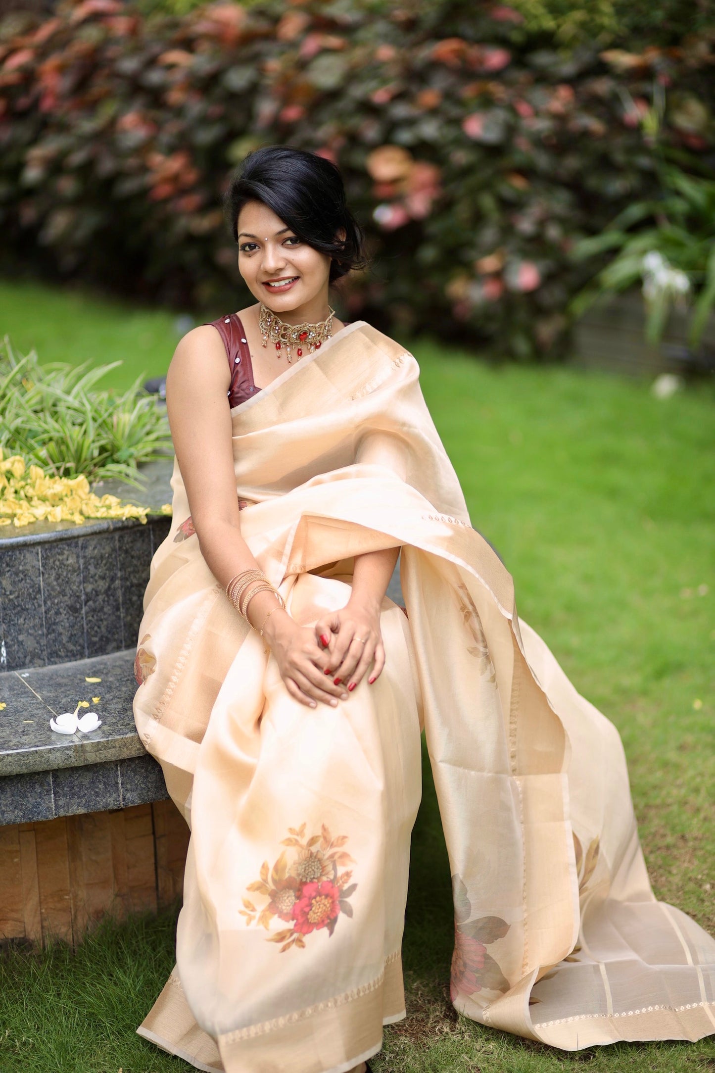 Golden Tissue Saree with Classic Golden Borders & Statement Floral Prints (Blouse Included)