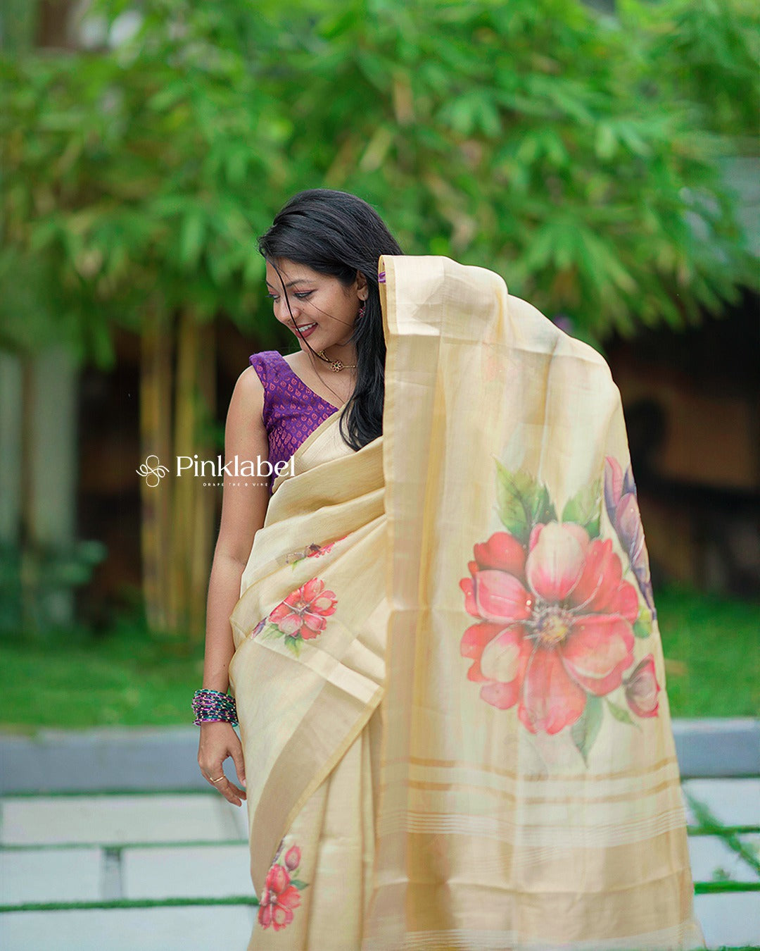 Golden Tissue Saree with Floral Print Design