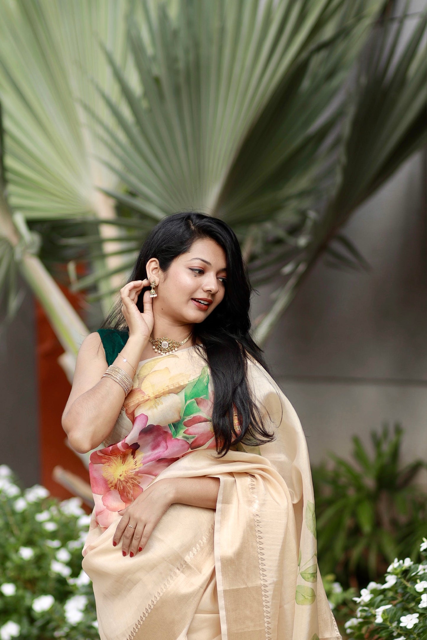 Golden Tissue Saree with Golden Borders & Multicolour Floral Digital Prints (Blouse Included)