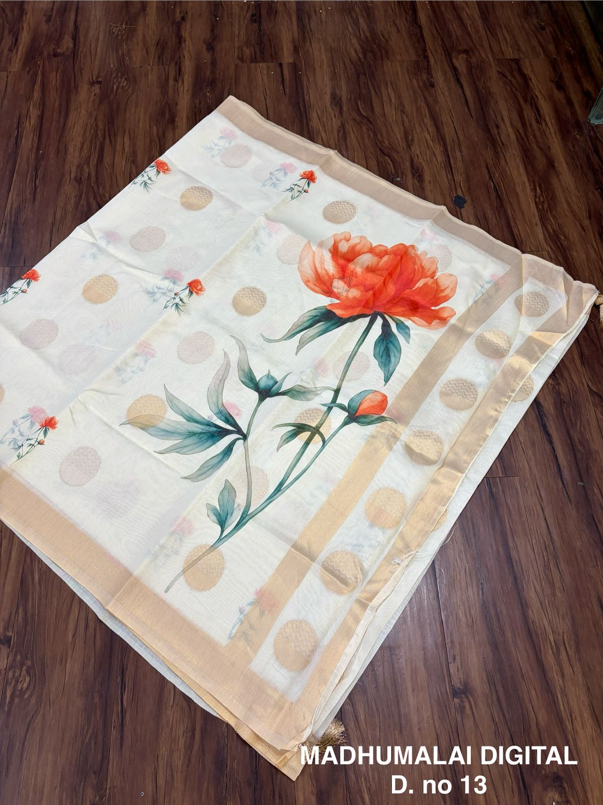Golden Weaving Saree with Orange Floral Pallu