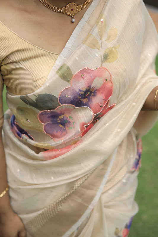 Ivory Tissue Saree with Handcrafted Floral Digital Print