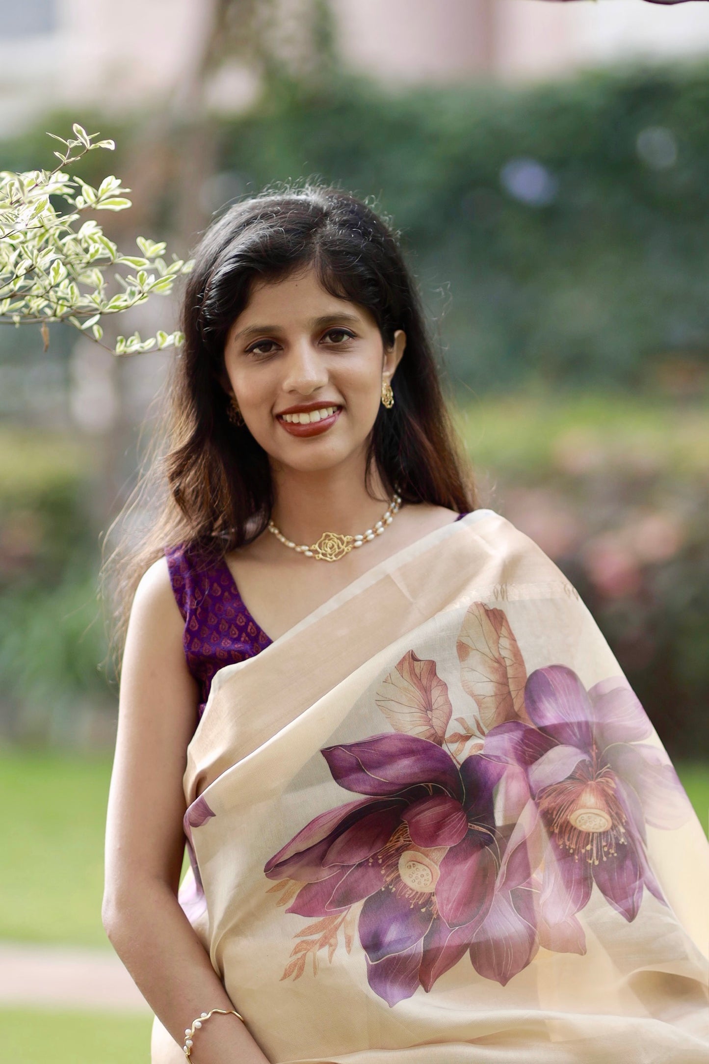 Vishu Special Golden Tissue Saree with Purple Digital Floral Prints (Blouse Included)