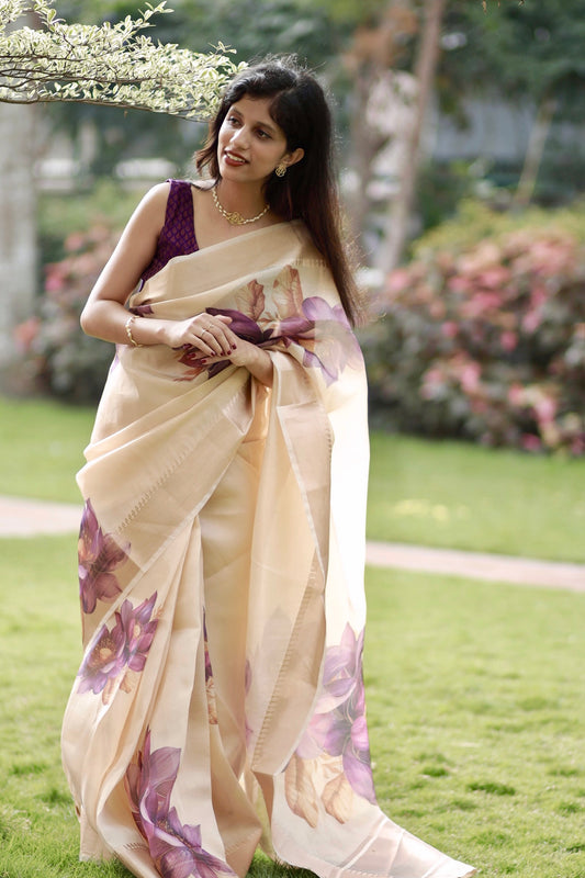 Vishu Special Golden Tissue Saree with Purple Digital Floral Prints (Blouse Included)