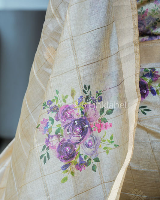 Onam Special Lilac Floral Print & Check Tissue Saree by Pinklabel