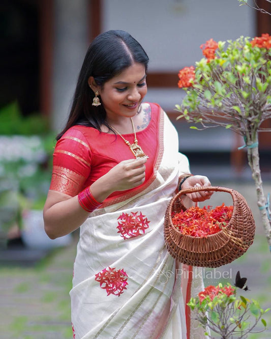 Onam Special Kasavu-Inspired Red Border Saree by Pinklabel