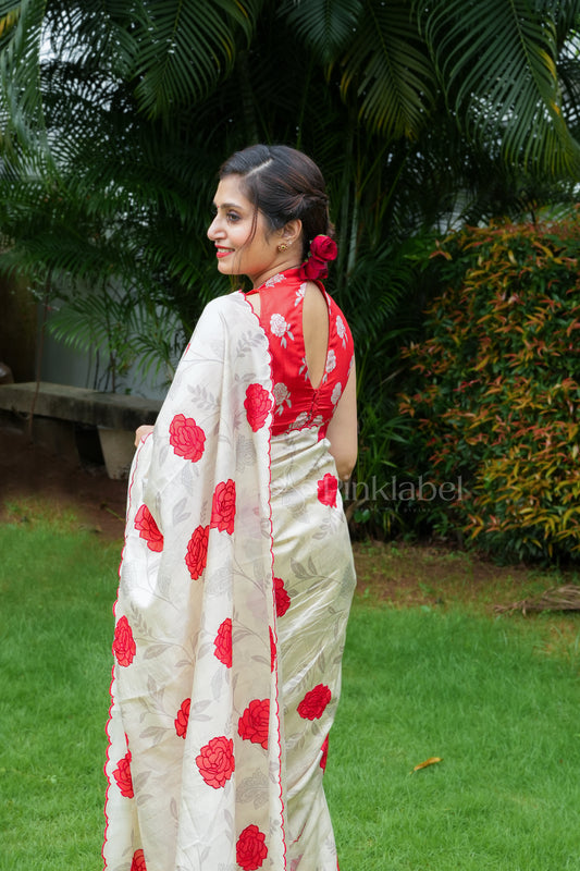 Premium soft silk red and cream saree with patch work