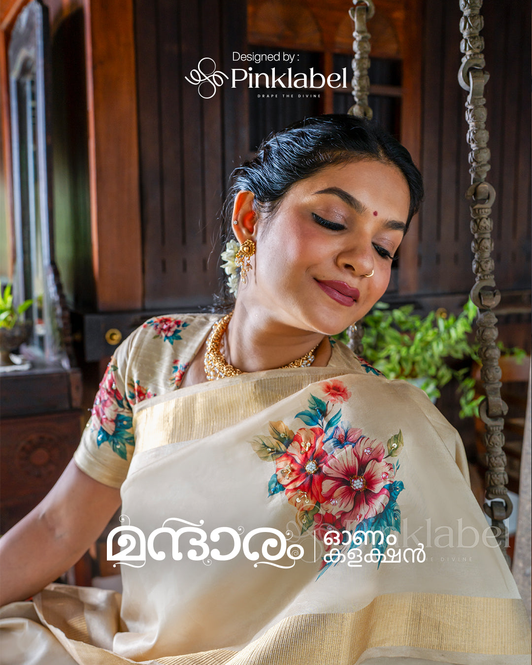 Golden saree with flower design and hand work