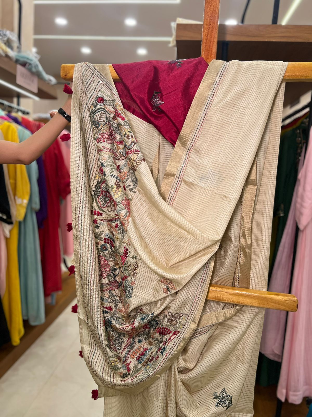 Kantha Work Saree with Red Blouse