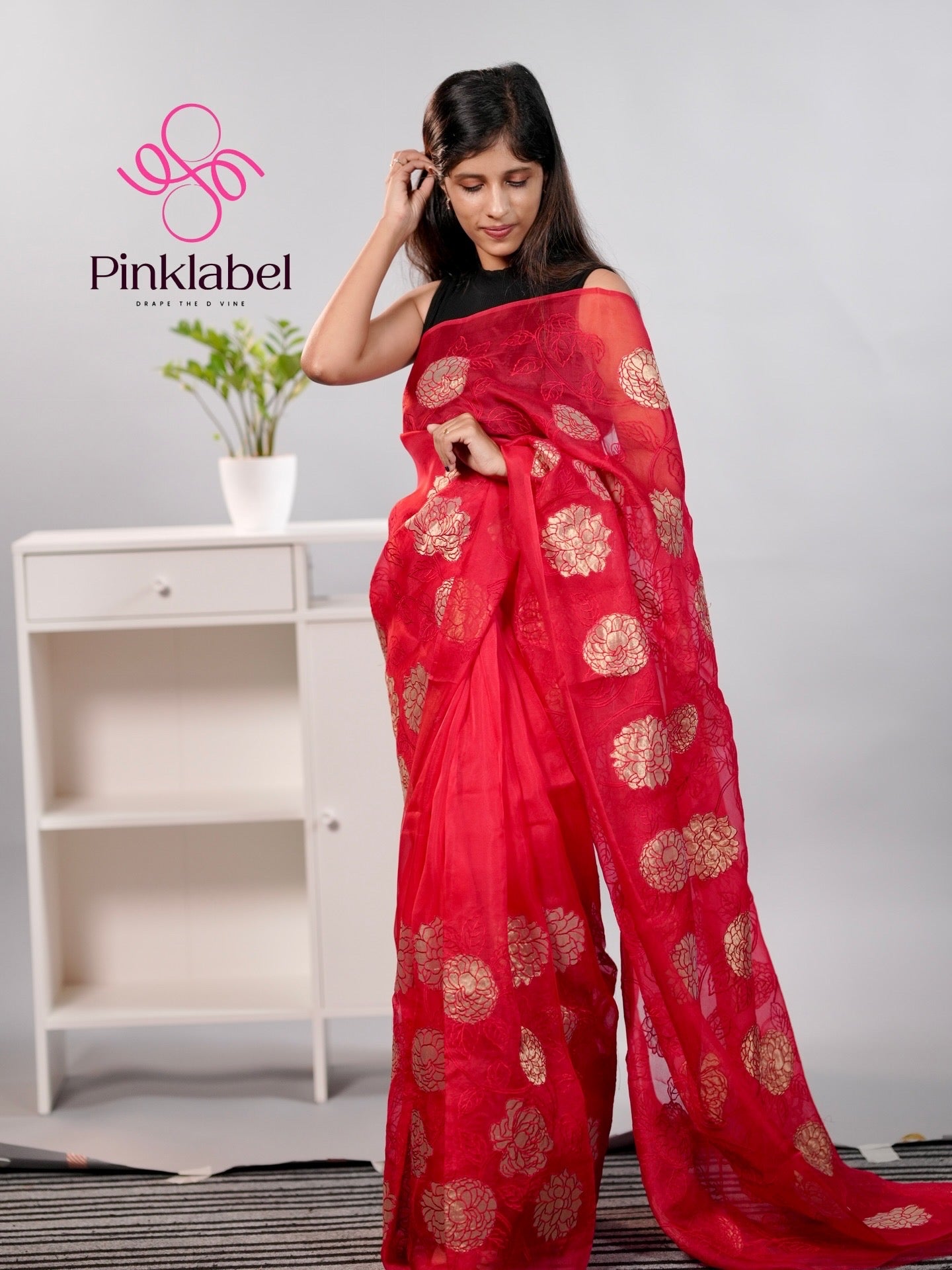 Red Organza Saree adorned with delicate Applique work