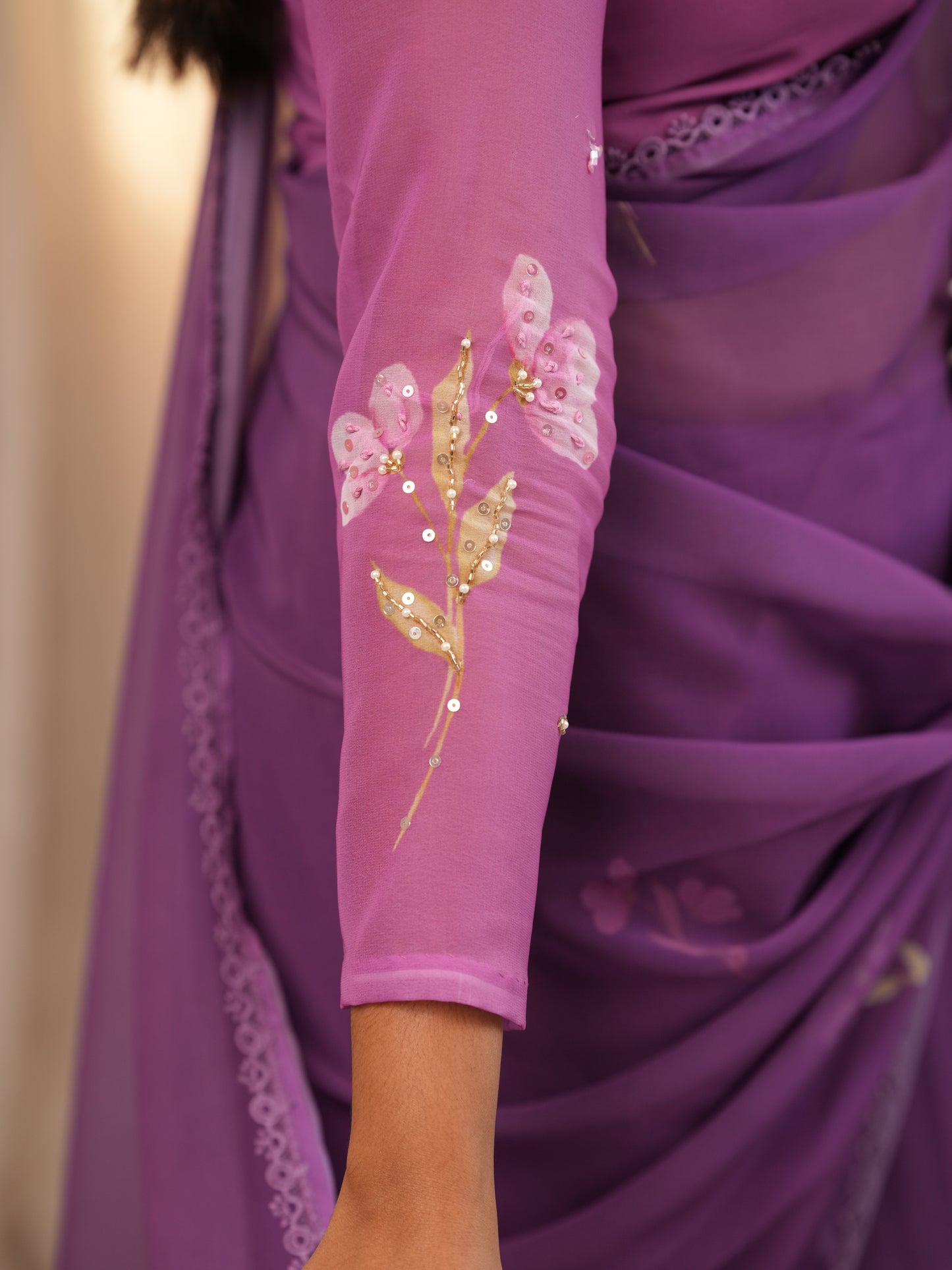 Purple Faux Georgette with hand work