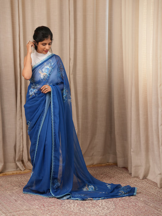 Blue White Faux Georgette with hand work