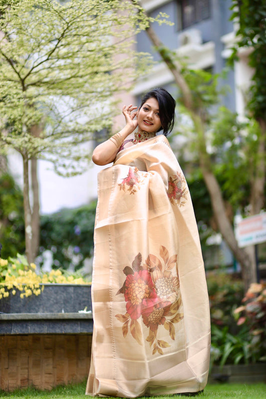 Golden Tissue Saree with Classic Golden Borders & Statement Floral Prints (Blouse Included)