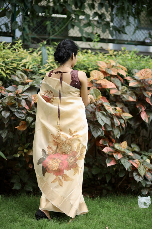 Golden Tissue Saree with Classic Golden Borders & Statement Floral Prints (Blouse Included)