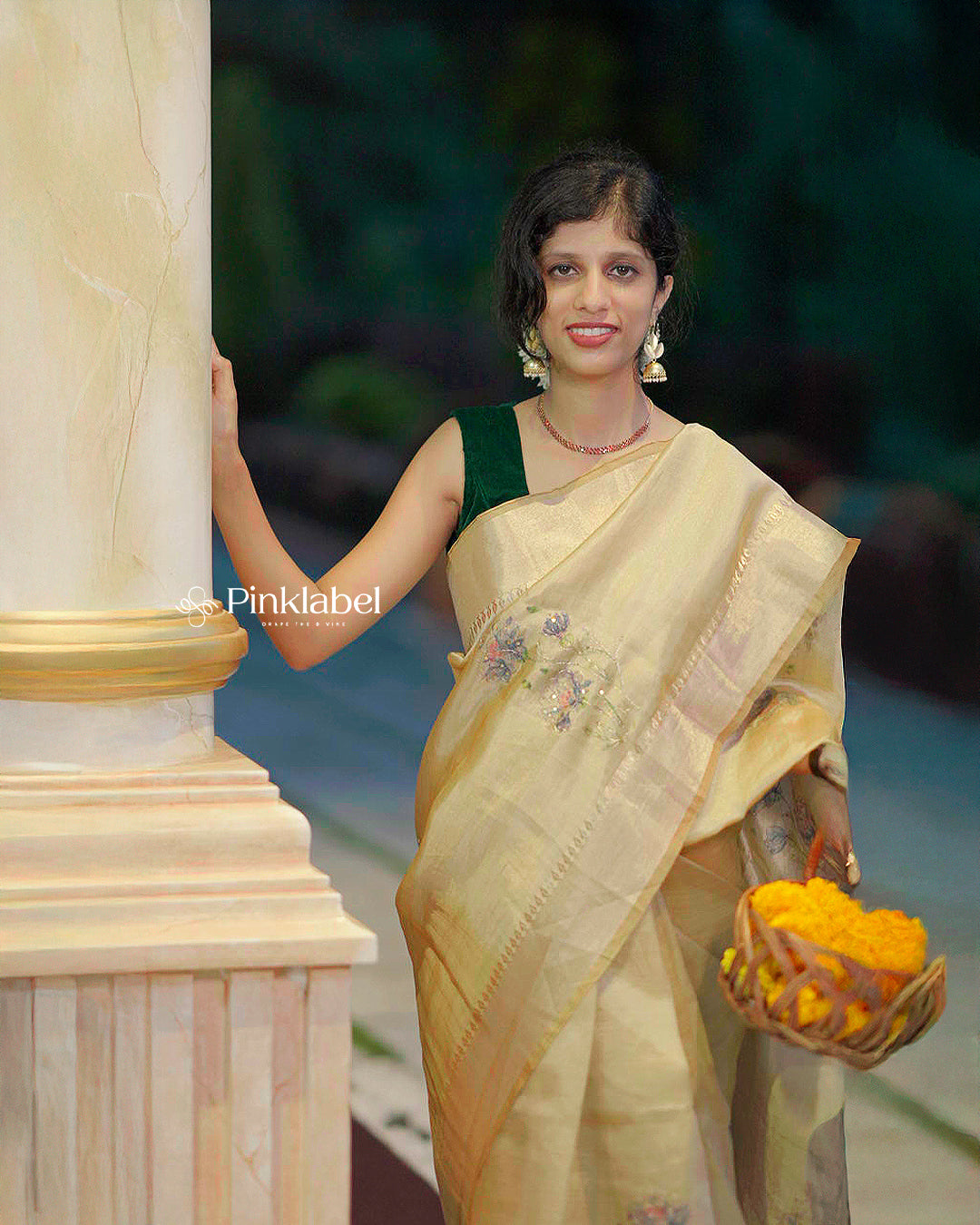 Golden Tissue Saree with Handcrafted Floral Motifs