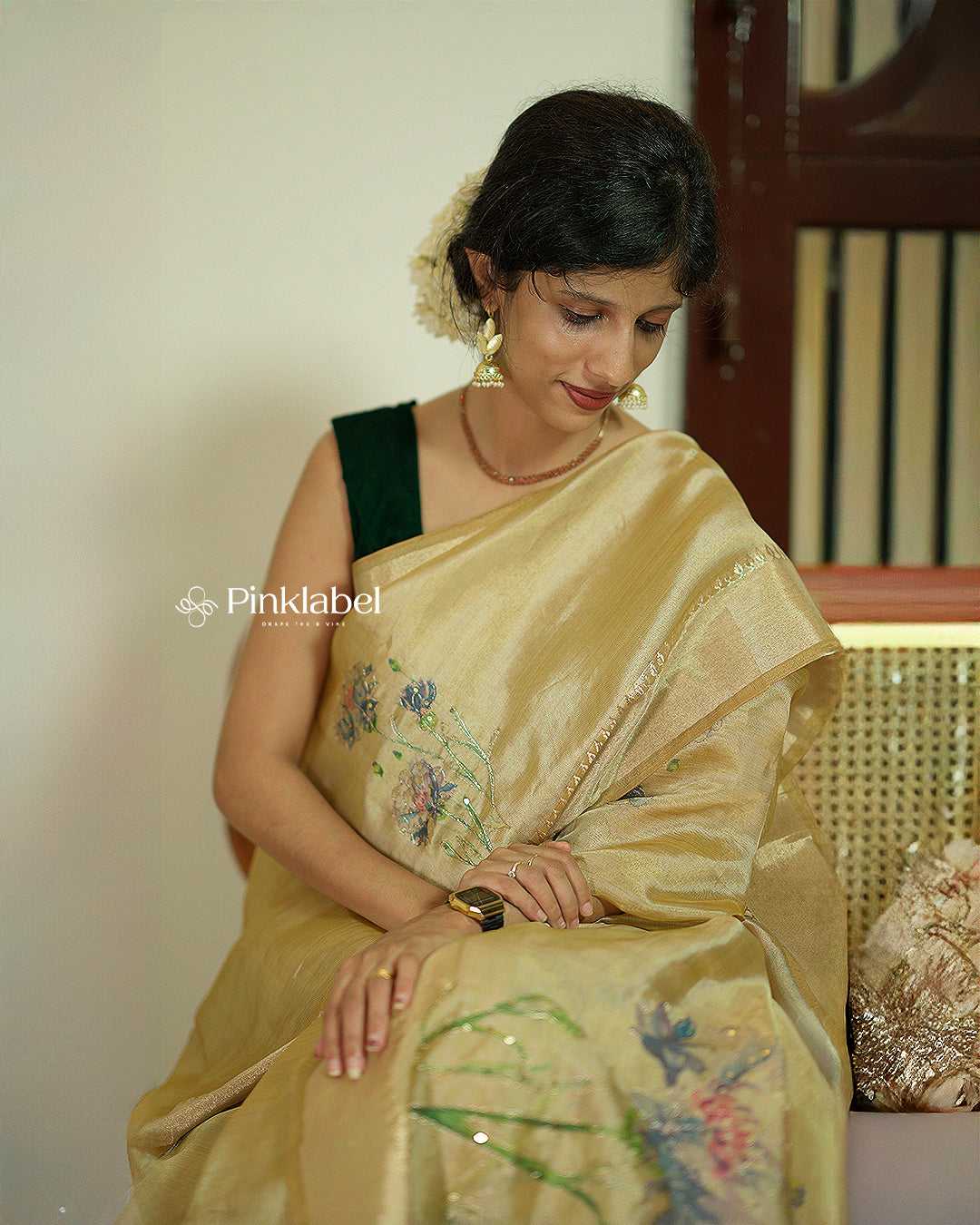Golden Tissue Saree with Handcrafted Floral Motifs