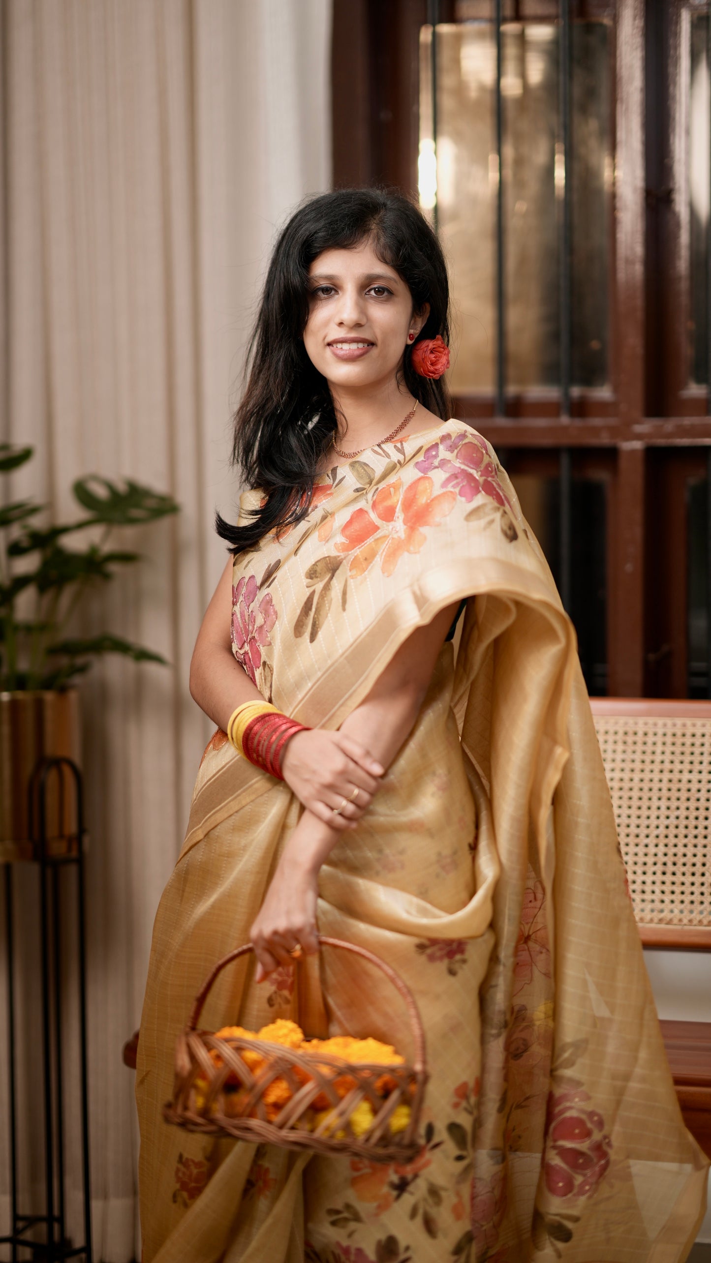 Golden Base Saree with Lavender & Orange Floral Design with Blouse Piece
