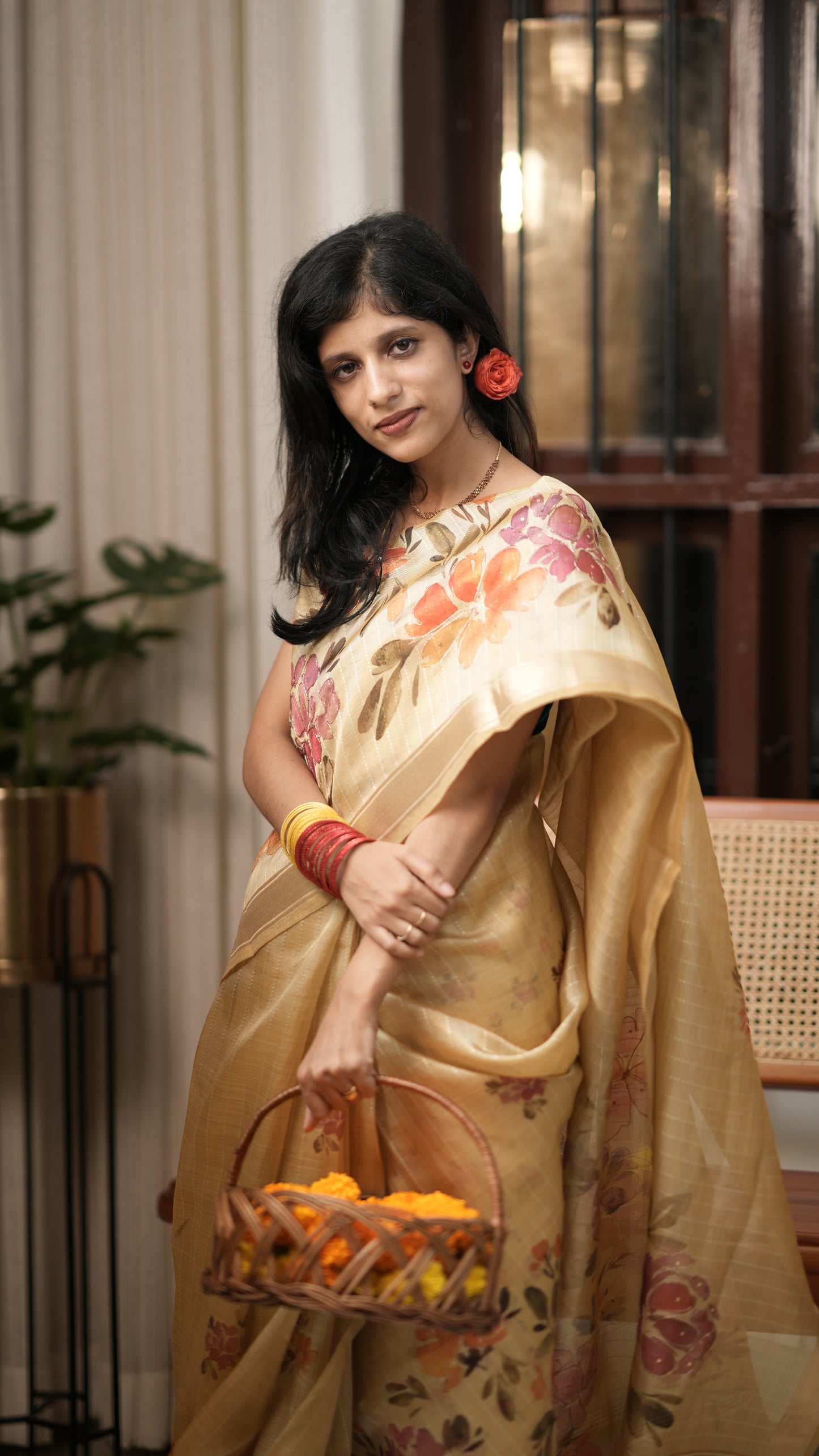 Golden Base Saree with Lavender & Orange Floral Design with Blouse Piece