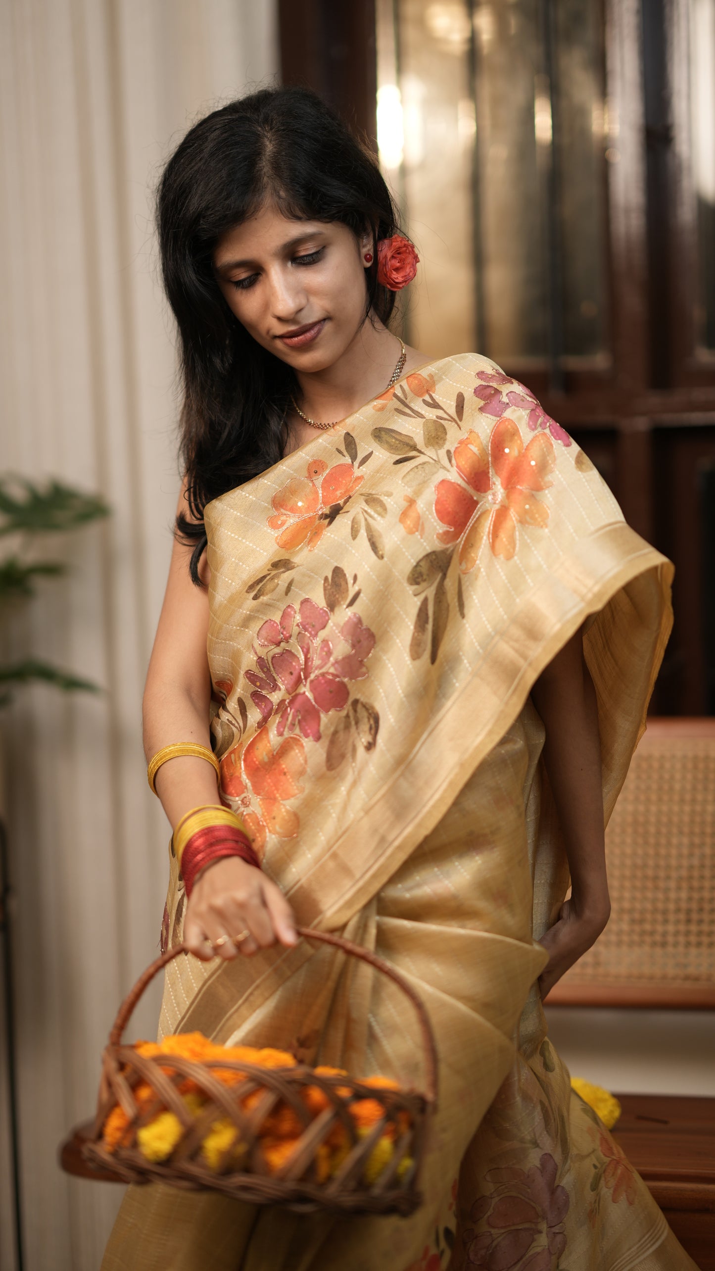 Golden Base Saree with Lavender & Orange Floral Design with Blouse Piece
