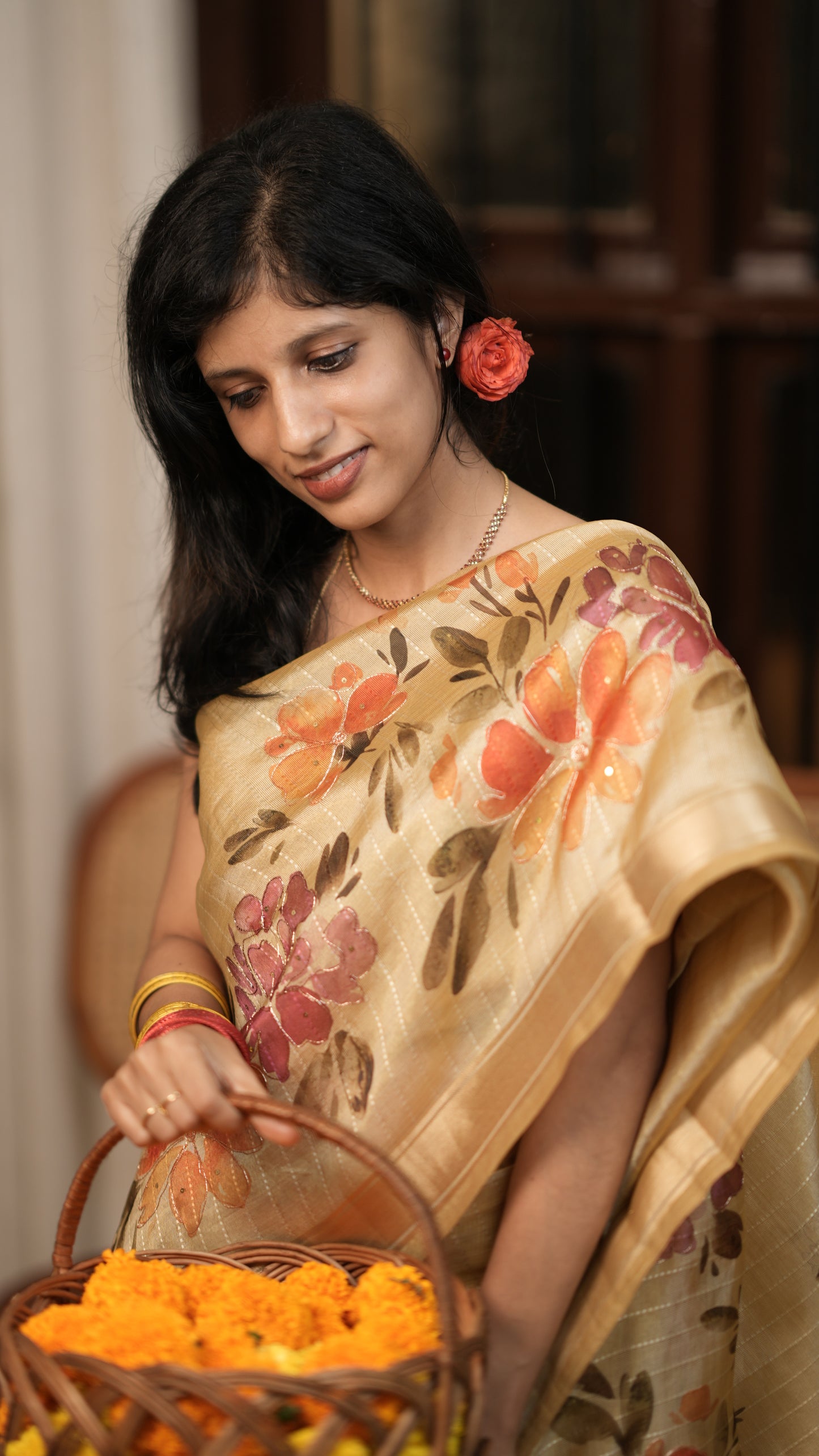 Golden Base Saree with Lavender & Orange Floral Design with Blouse Piece