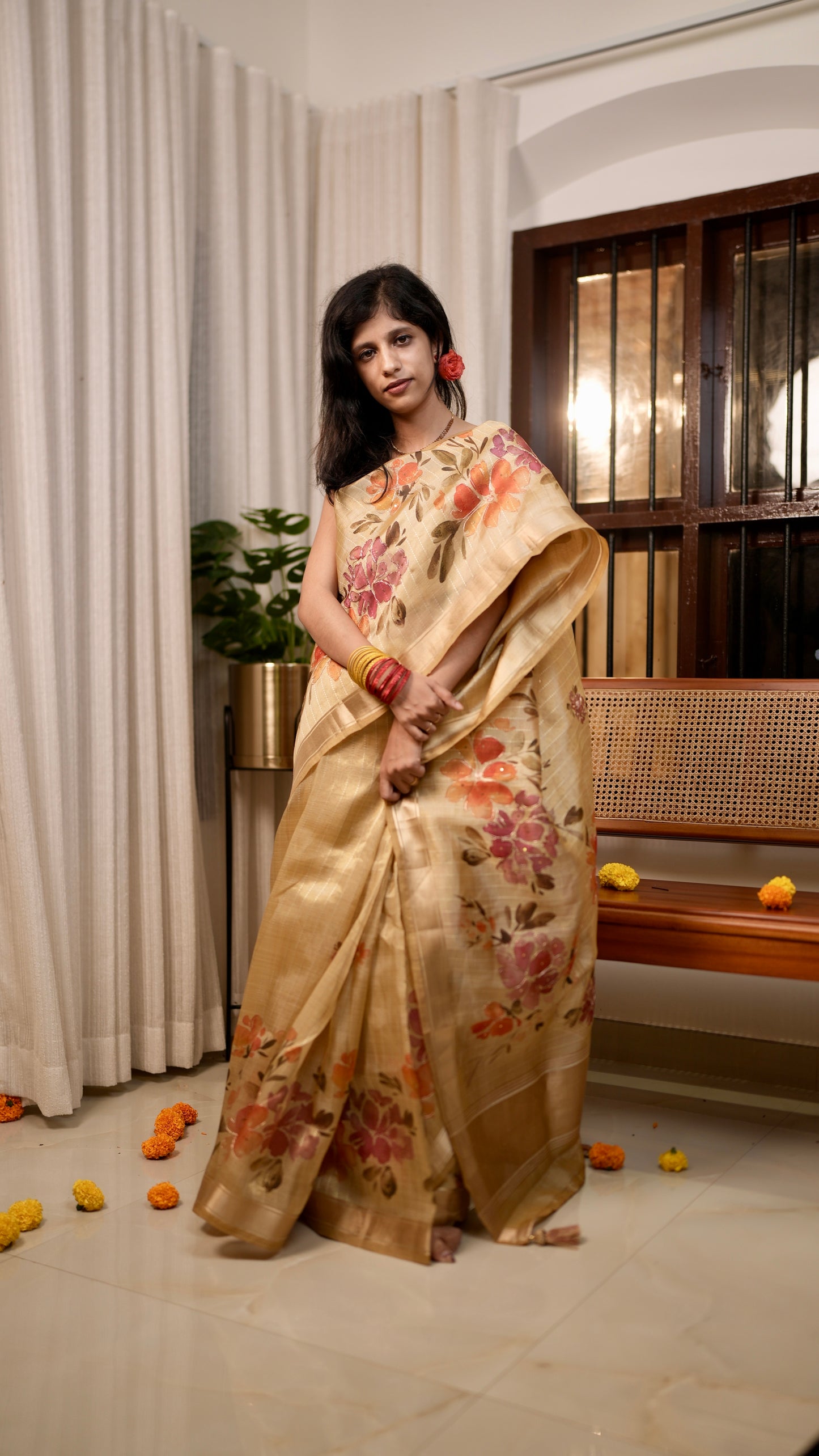 Golden Base Saree with Lavender & Orange Floral Design with Blouse Piece