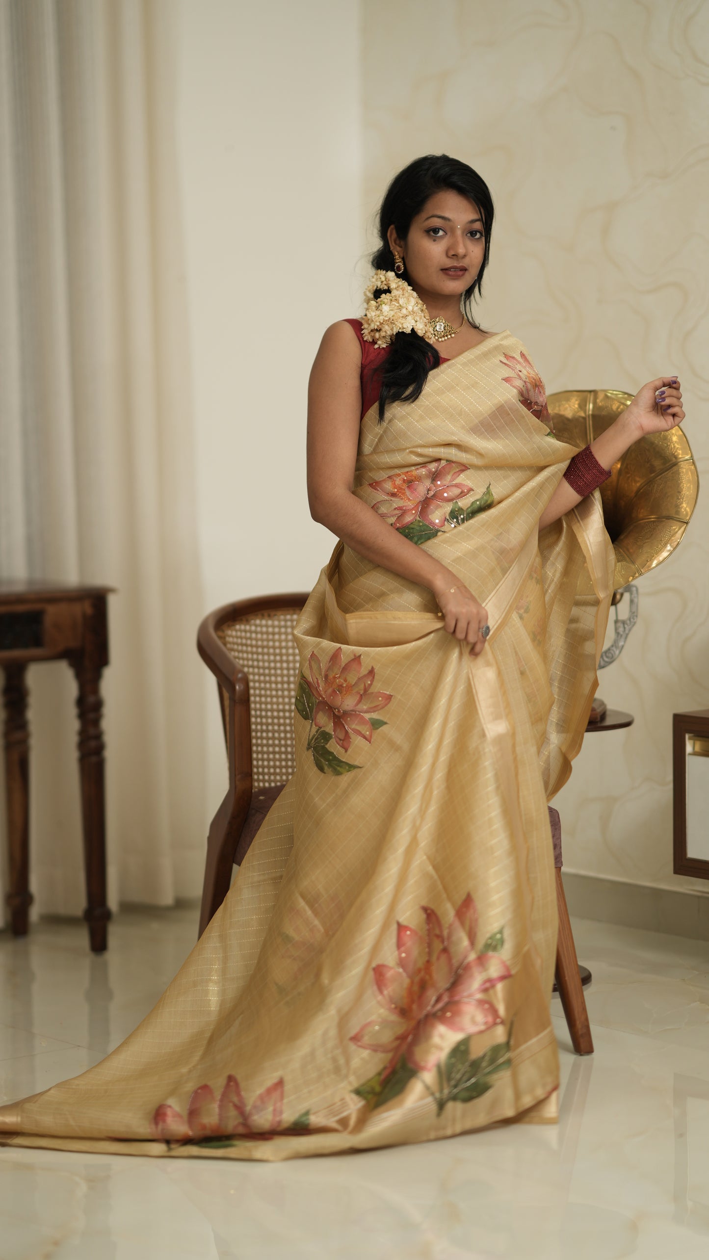 Golden Base Saree with Lotus Print Thread Work & Blouse Piece