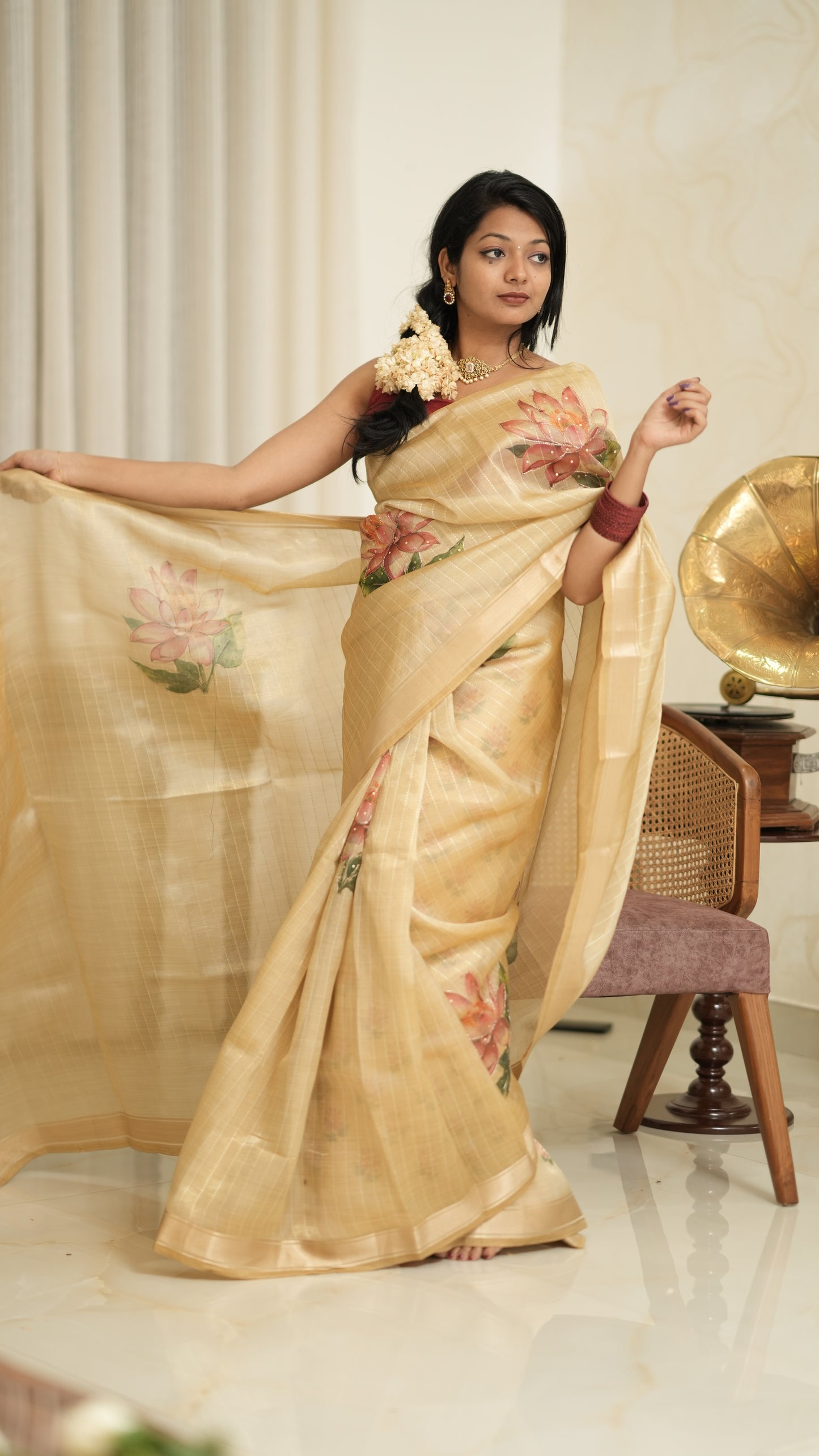 Golden Base Saree with Lotus Print Thread Work & Blouse Piece