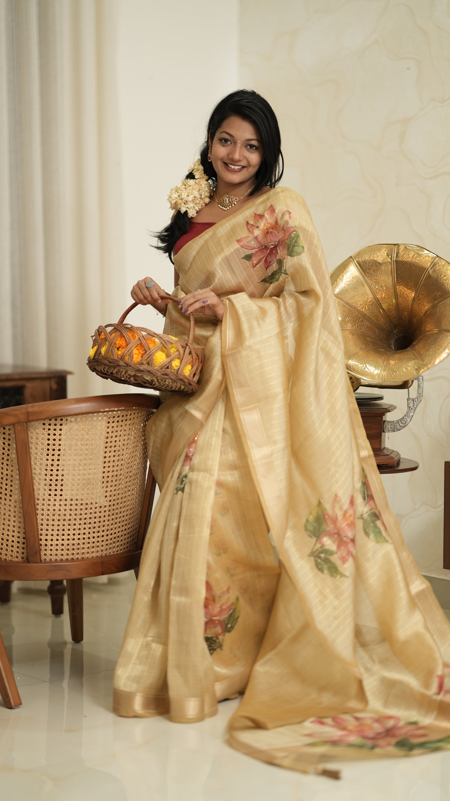 Golden Base Saree with Lotus Print Thread Work & Blouse Piece