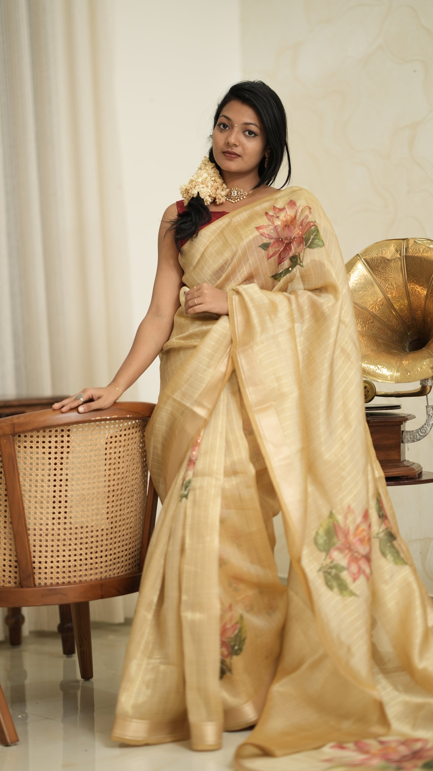 Golden Base Saree with Lotus Print Thread Work & Blouse Piece