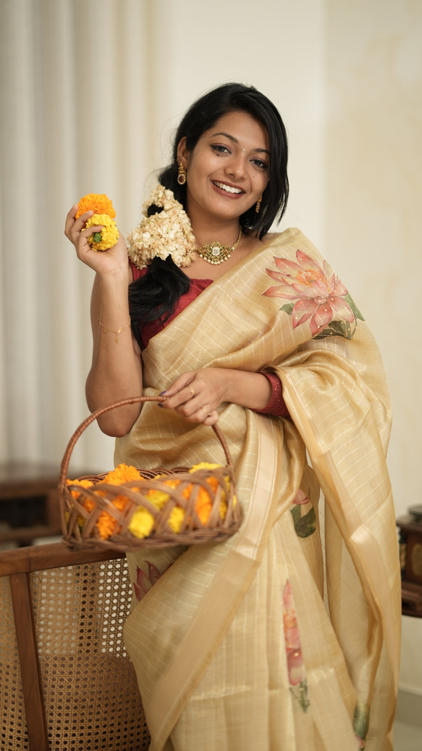 Golden Base Saree with Lotus Print Thread Work & Blouse Piece