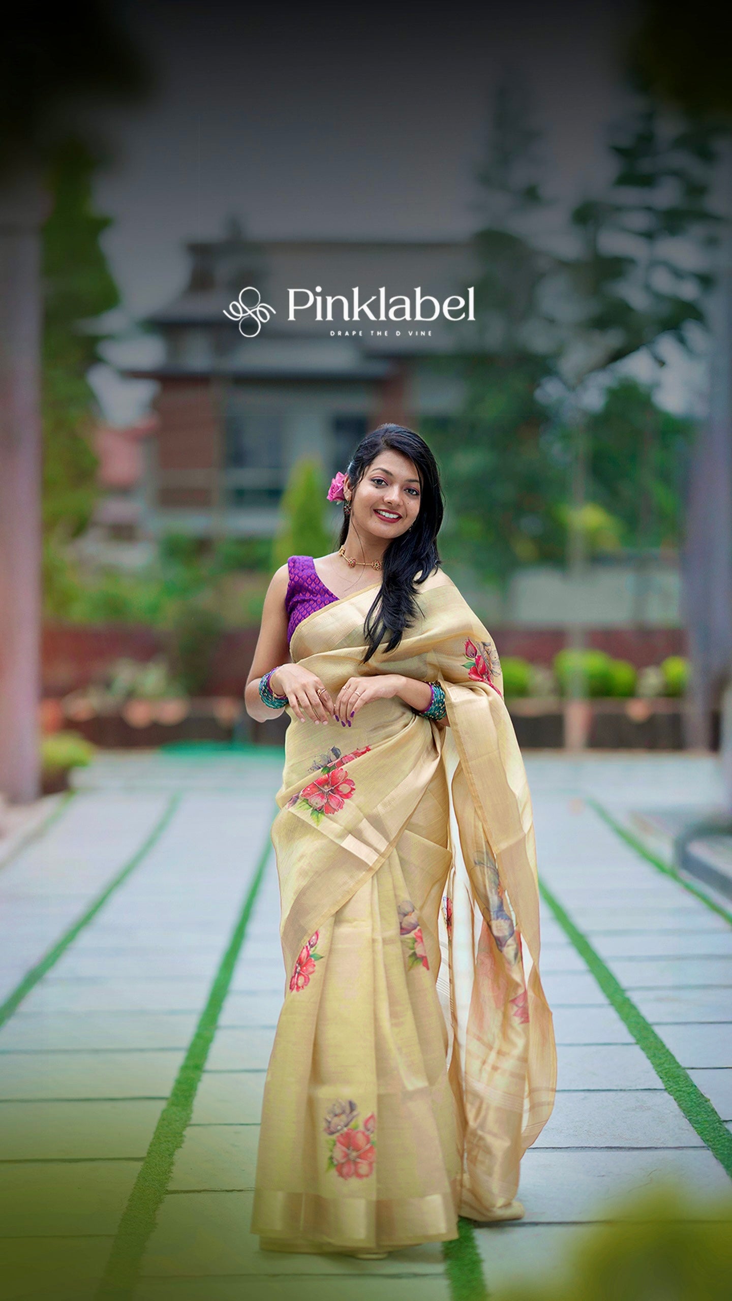 Golden Tissue Saree with Floral Print Design
