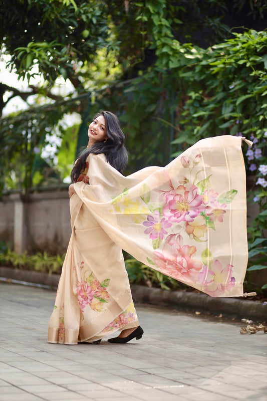 Golden Tissue Saree with Golden Borders & Multicolour Floral Digital Prints (Blouse Included)