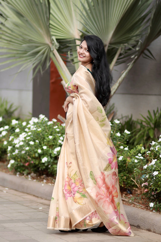 Golden Tissue Saree with Golden Borders & Multicolour Floral Digital Prints (Blouse Included)