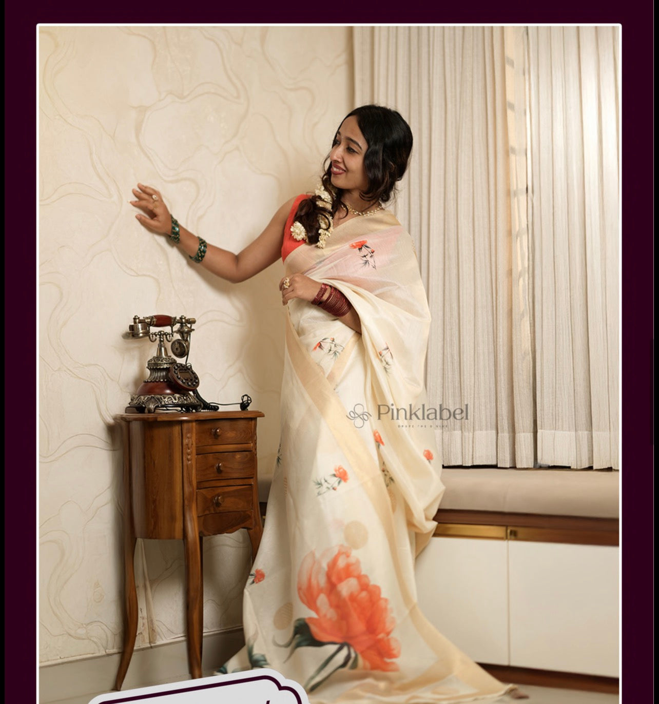 Golden Weaving Saree with Orange Floral Pallu