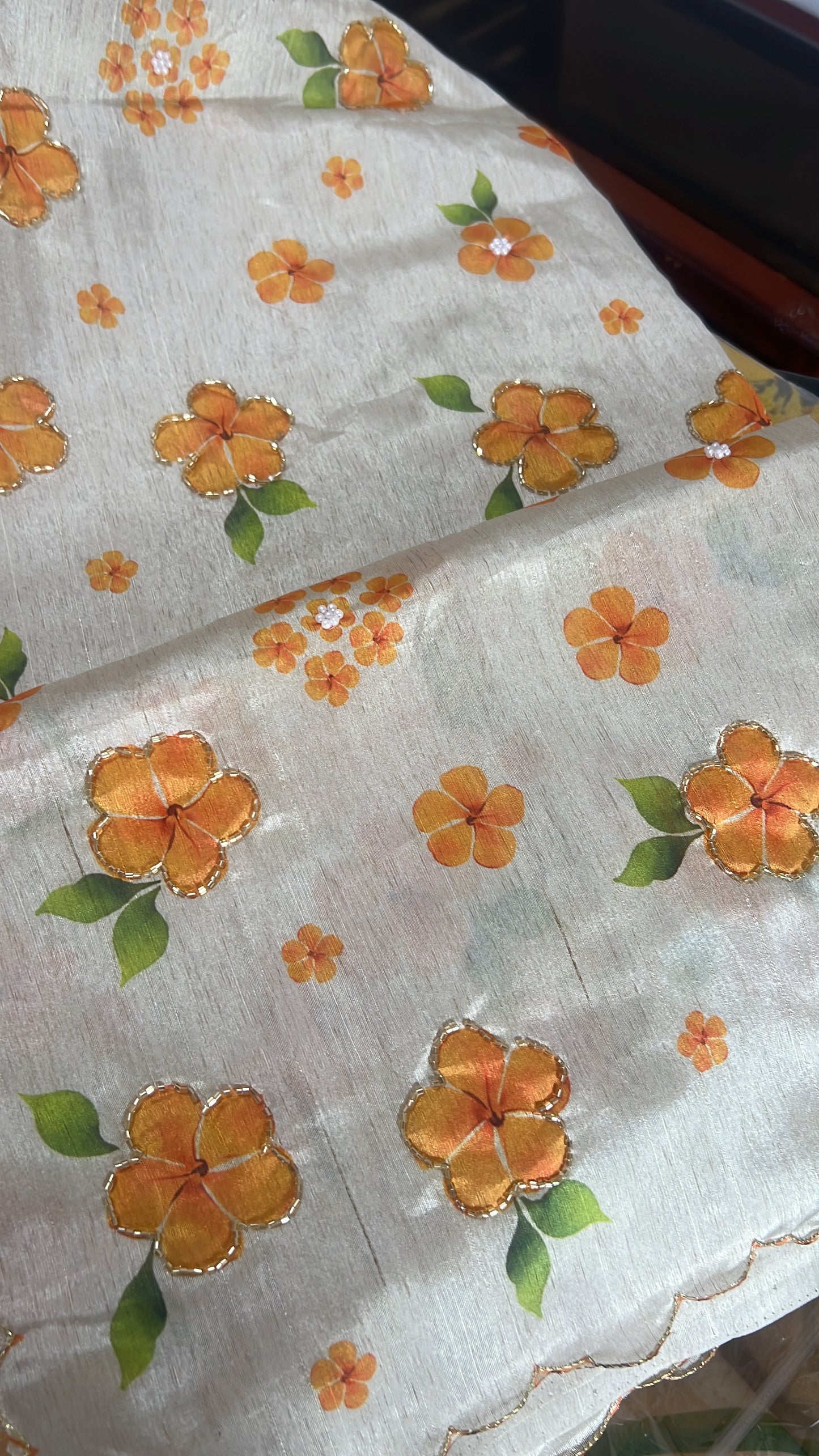 Ivory Semi Tussur Saree with Floral Handwork Embroidery