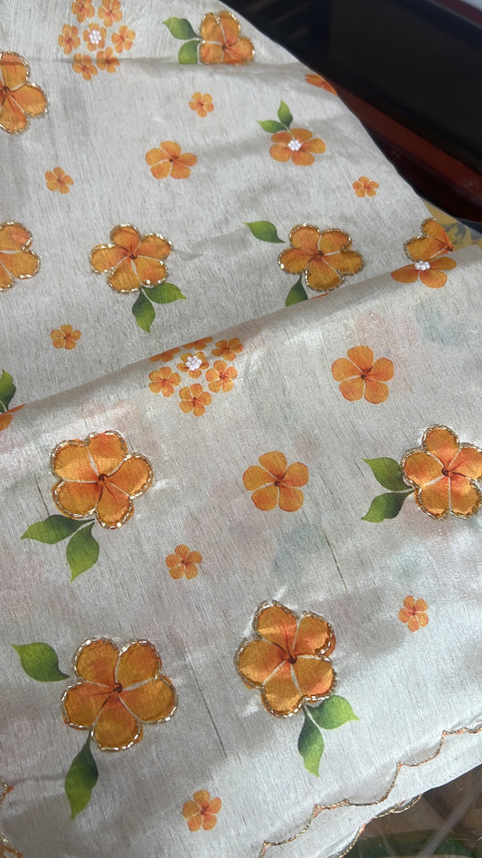 Ivory Semi Tussur Saree with Floral Handwork Embroidery