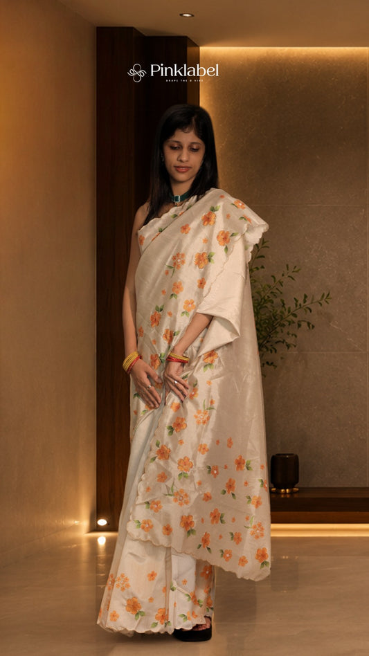 Ivory Semi Tussur Saree with Floral Handwork Embroidery