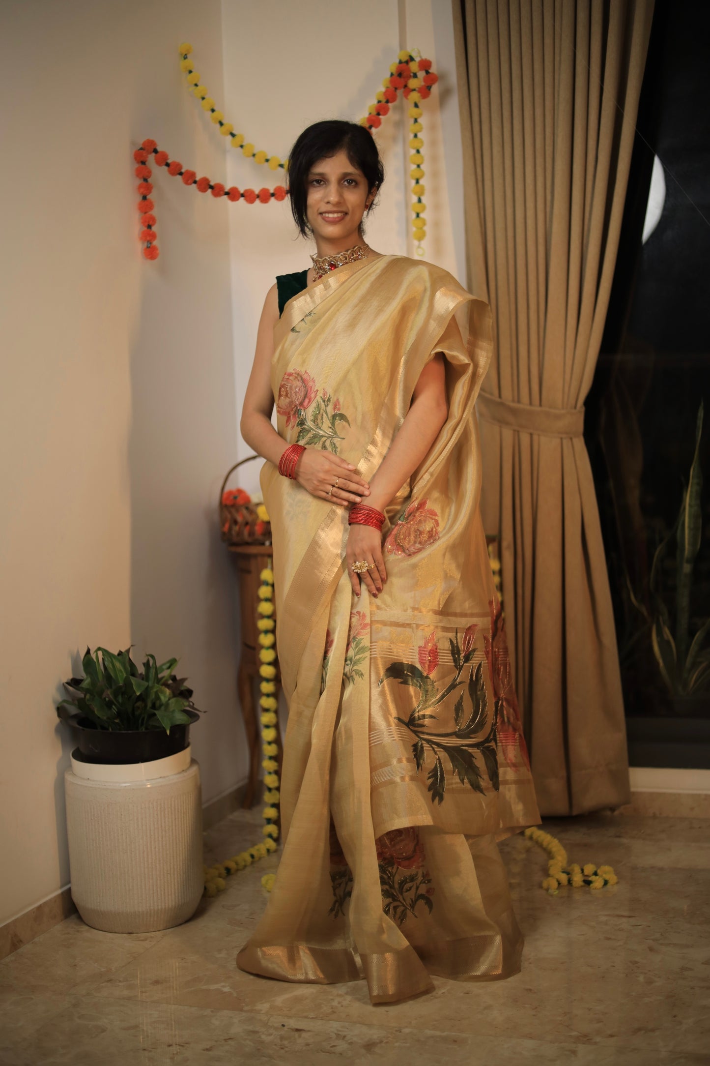 Premium Golden Tissue Saree with Rose Artwork