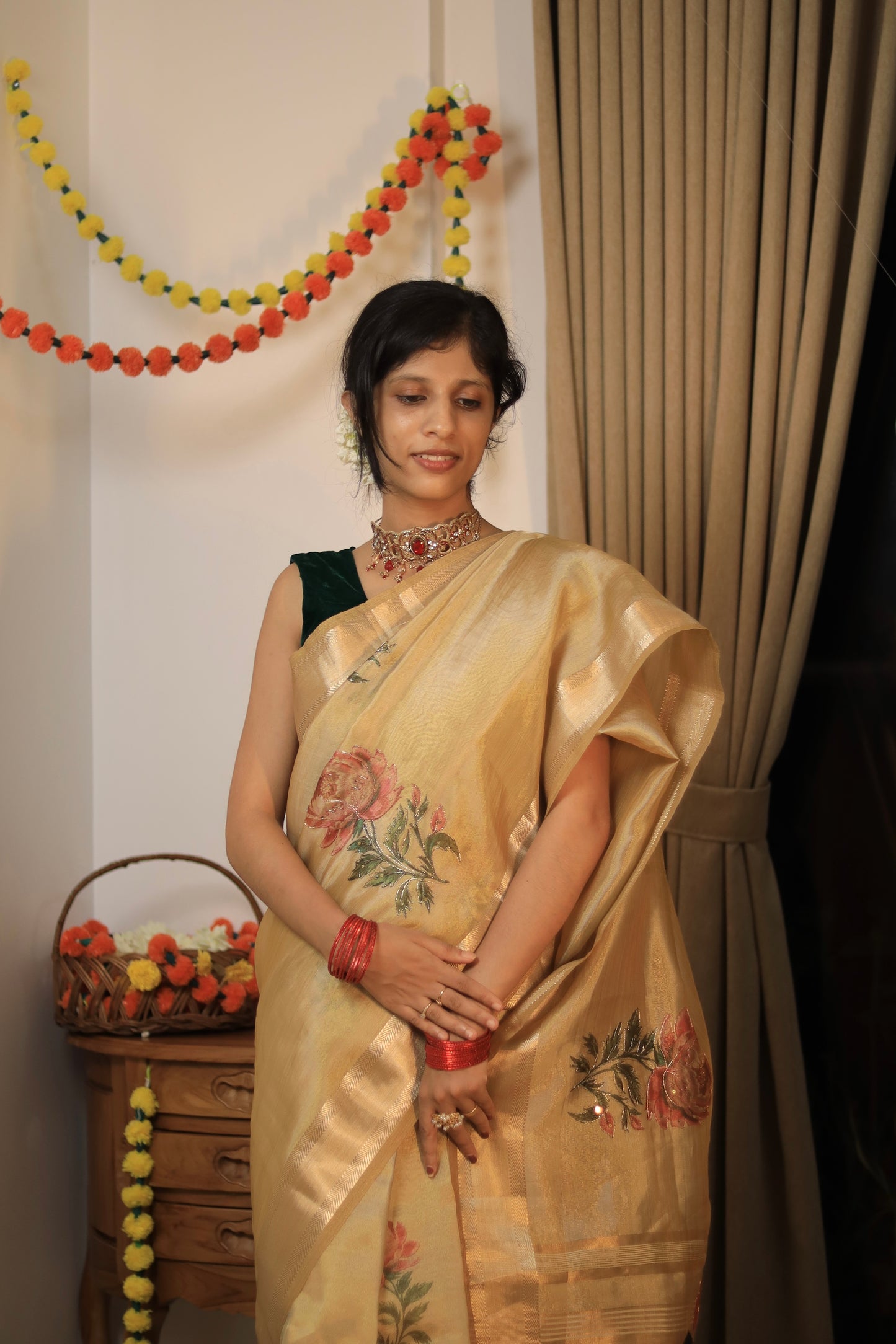 Premium Golden Tissue Saree with Rose Artwork