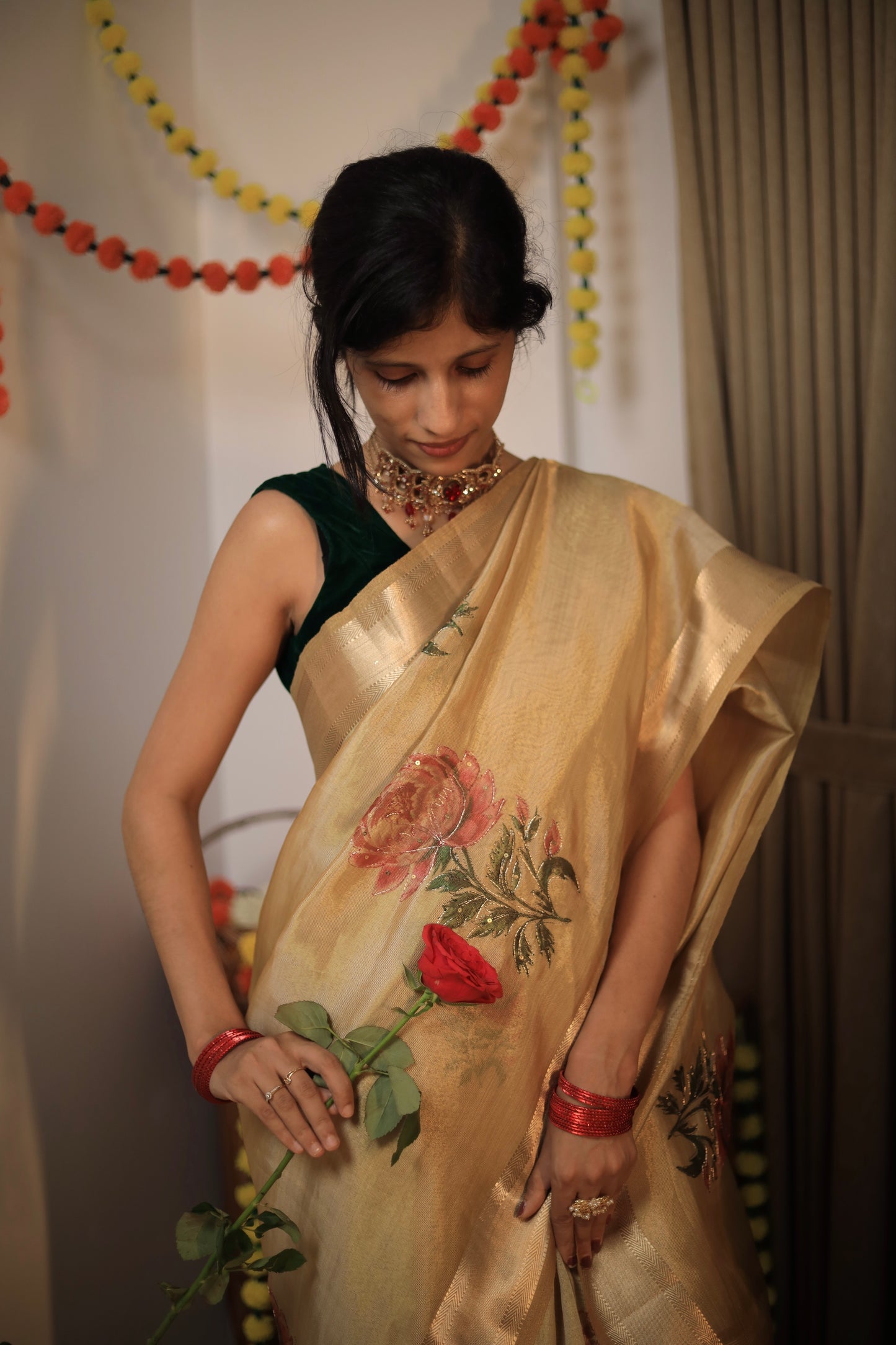 Premium Golden Tissue Saree with Rose Artwork