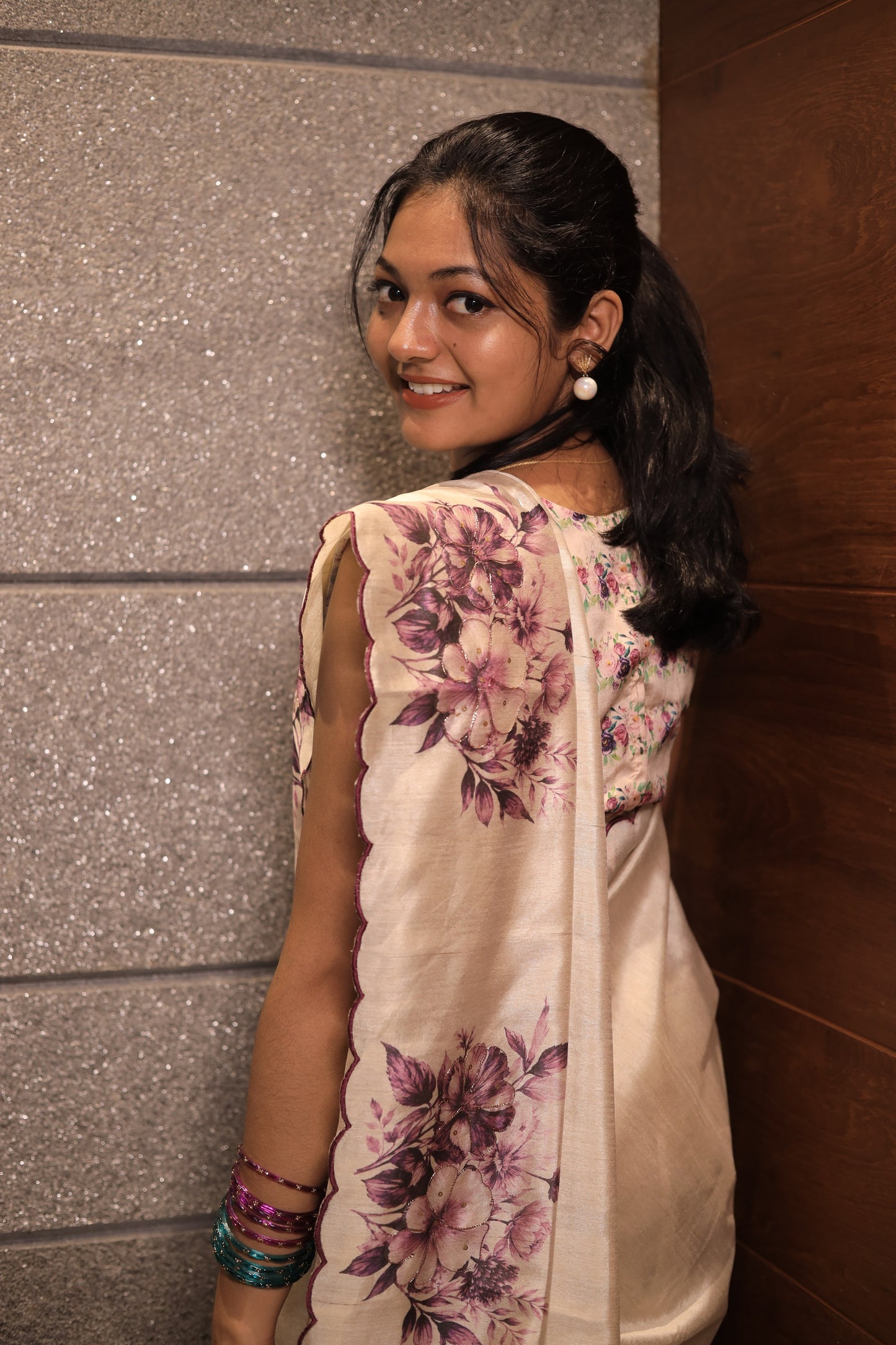 Tissue Saree with Purple Floral Print & Scalloped Border