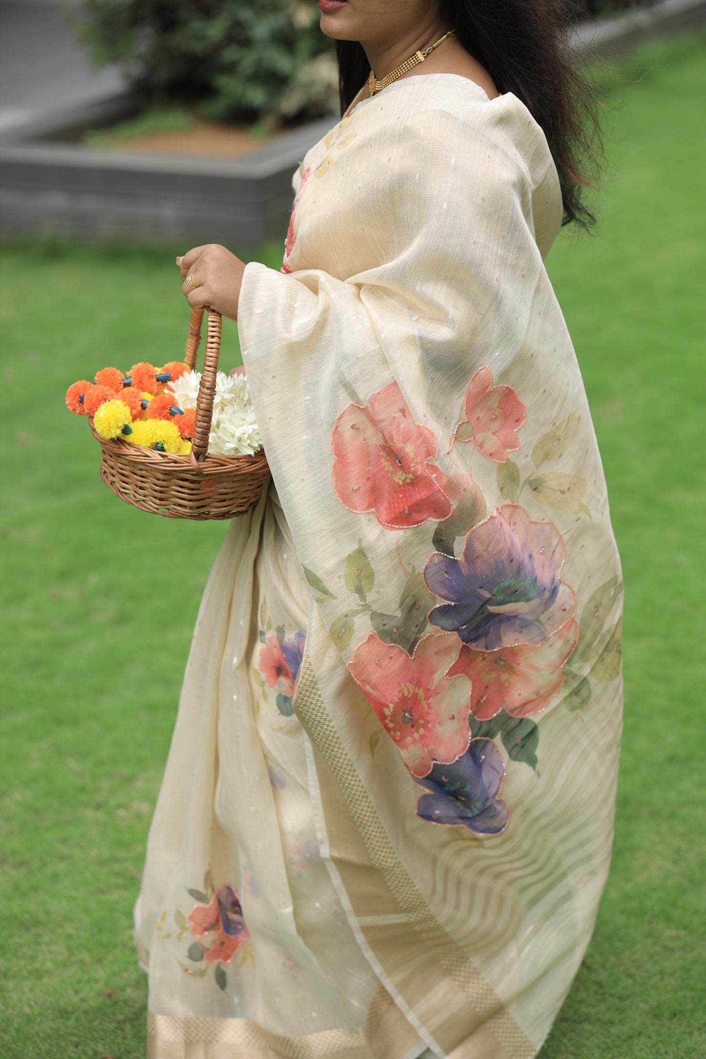 Ivory Tissue Saree with Handcrafted Floral Digital Print