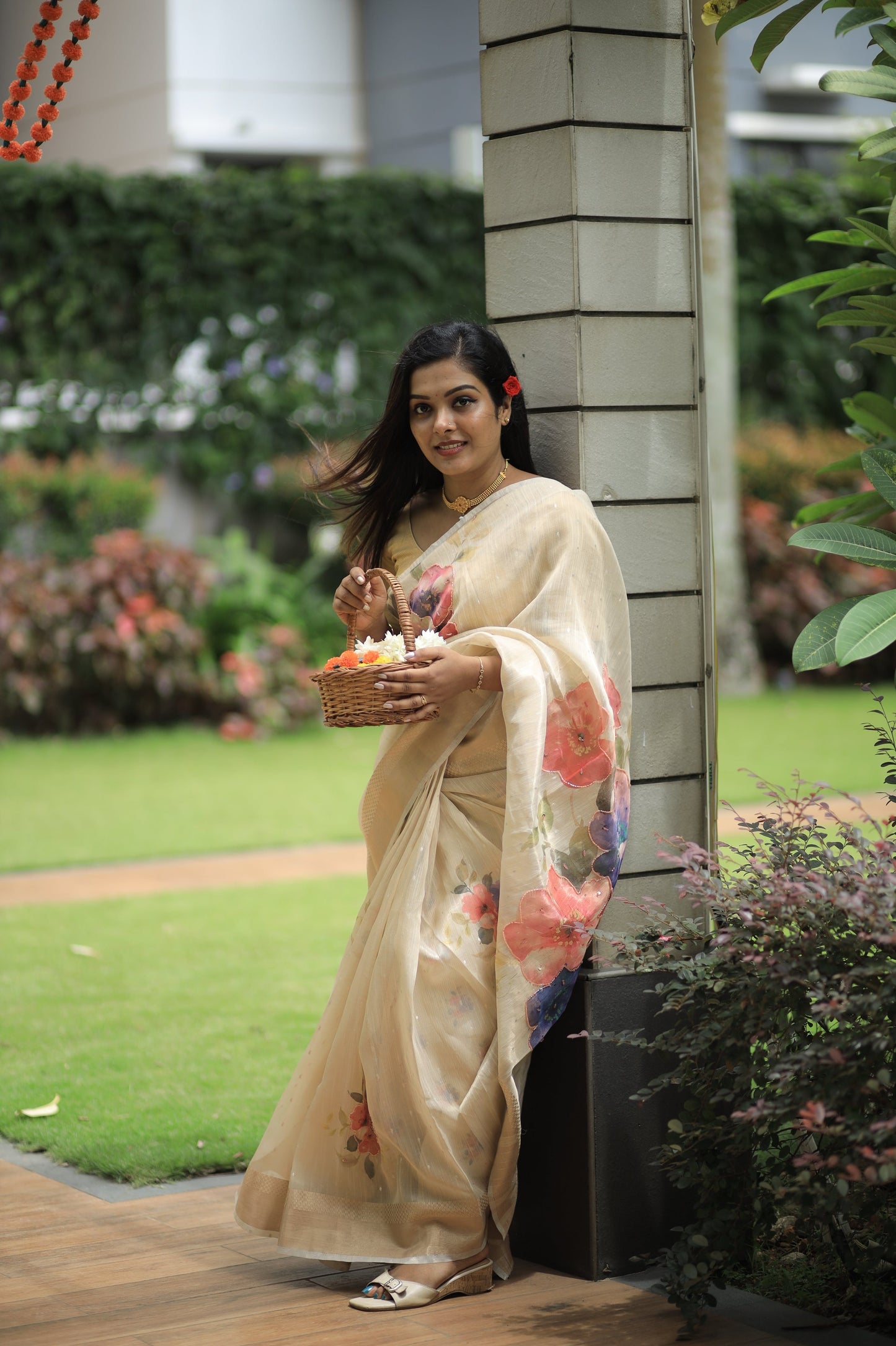 Ivory Tissue Saree with Handcrafted Floral Digital Print