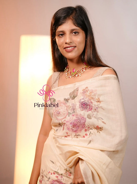 Ivory Bloom Handcrafted Organza Saree