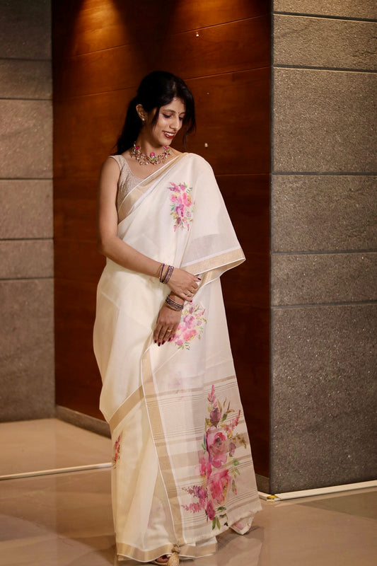 Vishu Special Kerala Cotton Digital Printed Saree with Golden Border (Blouse Piece Included)