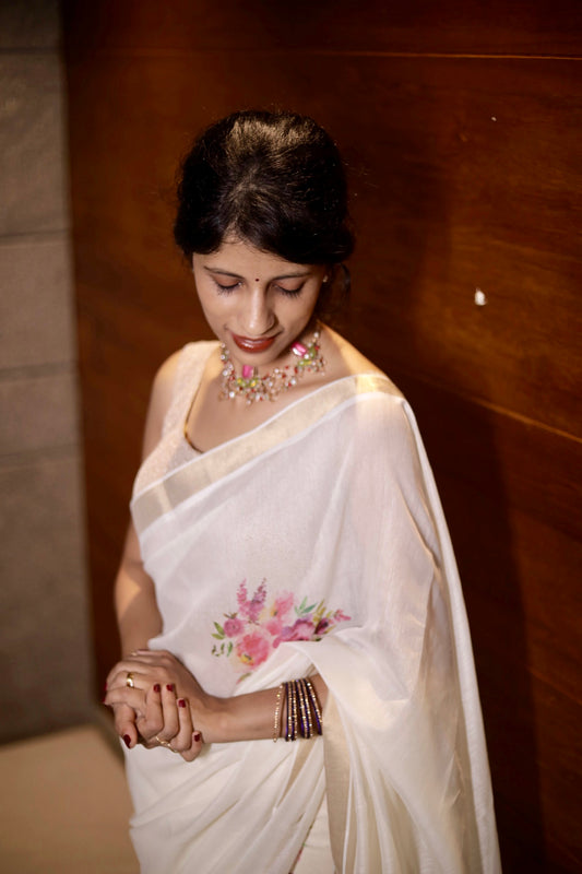 Vishu Special Kerala Cotton Digital Printed Saree with Golden Border (Blouse Piece Included)